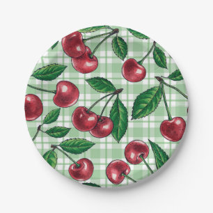 Assiettes En Carton Cerises rouges sur en vichy vert clair