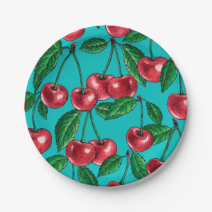 Assiettes En Carton Cerises rouges sur turquoise