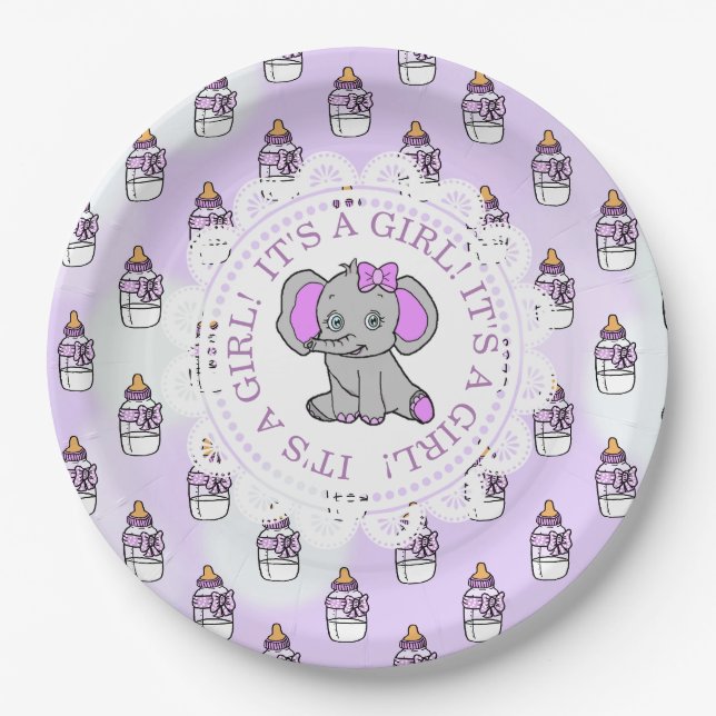 Assiettes En Carton C'est un Baby shower à thème Fille, Eléphant Viole (Devant)