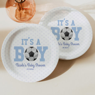 Assiettes En Carton C'est un garçon ! Baby shower de football bleu