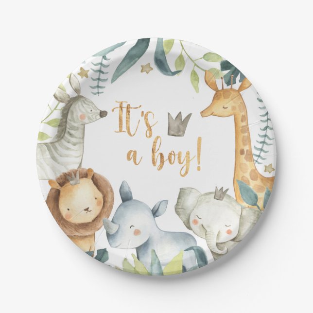 Assiettes En Carton C'est un garçon ! Plaque Baby shower Jungle (Devant)