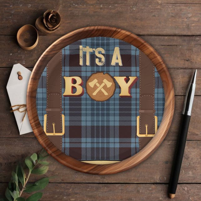 Assiettes En Carton C'est un garçon Rustic Lumberjack Flannel Baby sho (Créateur téléchargé)