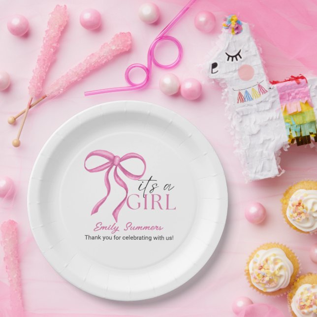Assiettes En Carton C'est un Ruban Rose Fille (Fête)