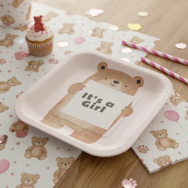 Assiettes En Carton C'est une fille Baby Shower ours rose (It’s a Girl Bear Baby Shower pink Paper Plates)