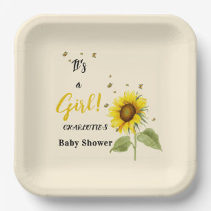 Assiettes En Carton C'est une fille ! Tournesol aquarelle avec papillo