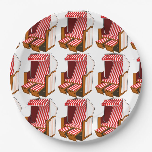 Assiettes En Carton Chaises de plage rouges et blanches Thème Plaques  (Devant)