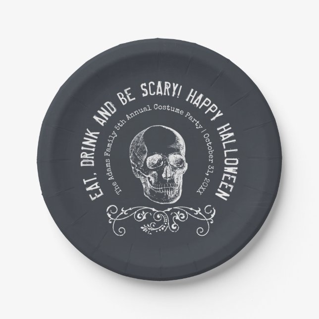 Assiettes En Carton Chalboard Skull Personnalisé Halloween Party (Devant)