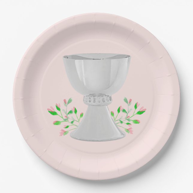 Assiettes En Carton Chalice et Buds Rose Verdure Première communion (Devant)