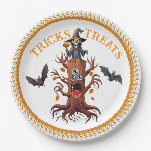 Assiettes En Carton Chaman d'Halloween effrayant sur une souche d'arbr