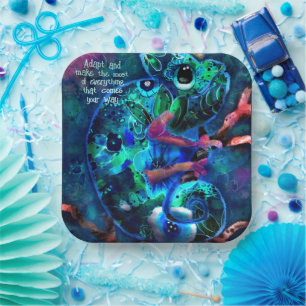 Assiettes En Carton Chameleon Whimsical Blue Turquoise Floral Abstrait