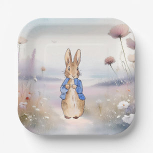 Assiettes En Carton Champ de fleurs sauvages avec lapin classique