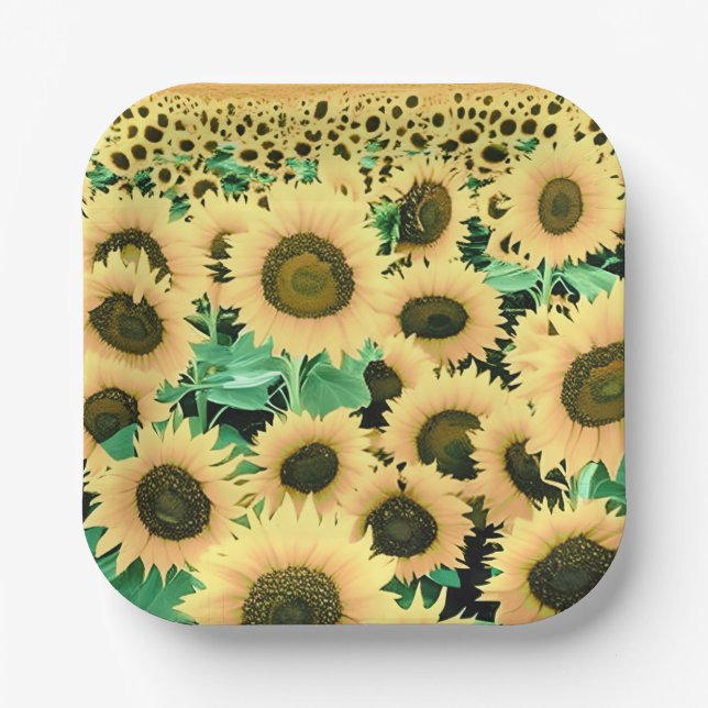 Assiettes En Carton Champ de tournesols jaunes dorés (Recto)