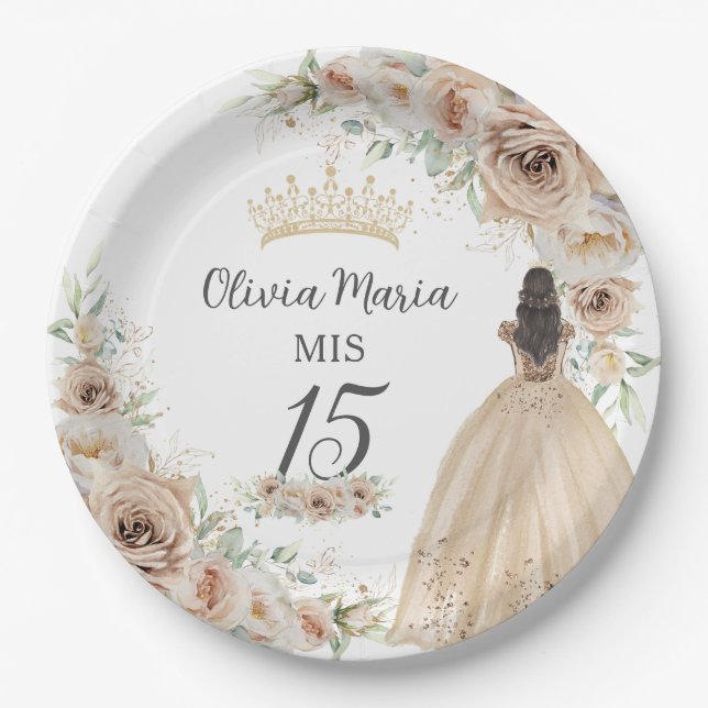 Assiettes En Carton Champagne Crème Beige Floral Princesse Quinceañera (Devant)