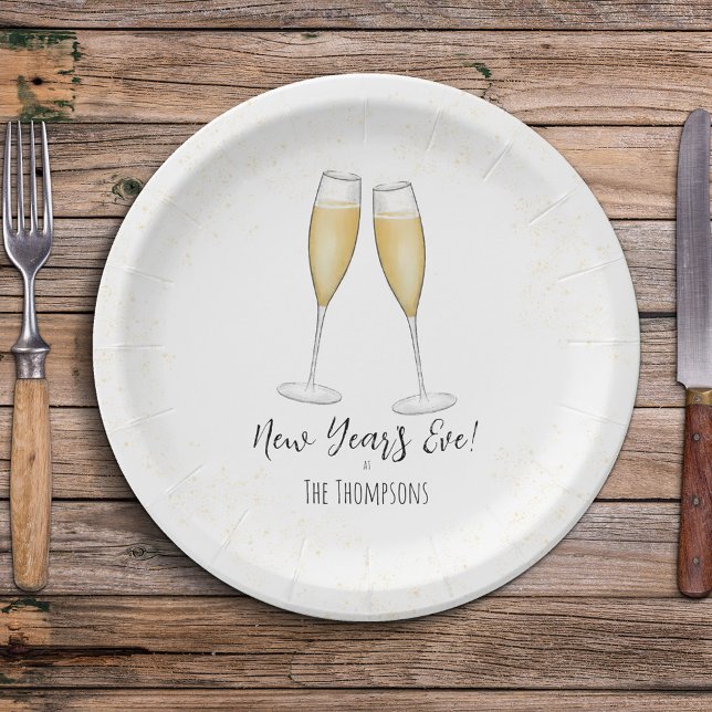 Assiettes En Carton Champagne de Nouvel An simple Aquarelle Or (New Year's Eve holiday watercolor whimsical champagne flutes paper plate. )