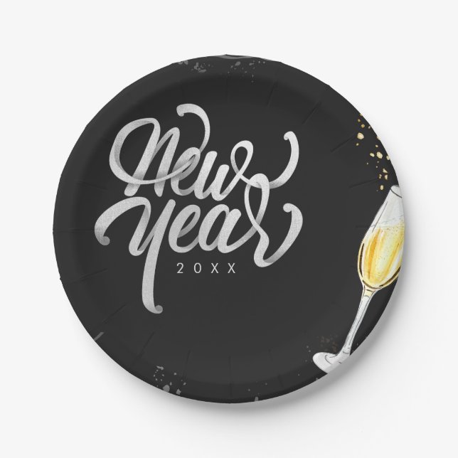Assiettes En Carton Champagne Gold Black Verre Confetti Moderne (Devant)