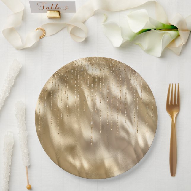 Assiettes En Carton Champagne Gold Glam Sparkle Strings Mariage (Mariage)