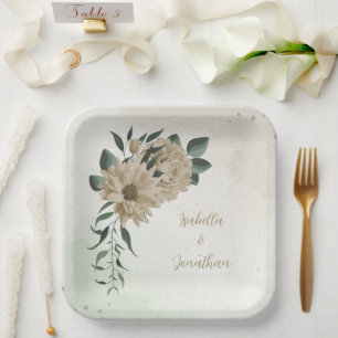 Assiettes En Carton champagne romantique fleurs verdure mariage