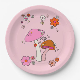 Assiettes En Carton Champignons Et Fleurs De Couleur Rétro Rose