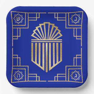 Assiettes En Carton Chanukah/Hanoukka Art Déco Gold Blue Dreidels