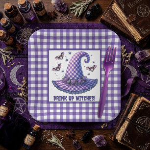 Assiettes En Carton Chapeau de sorcière Halloween en gingham violet et