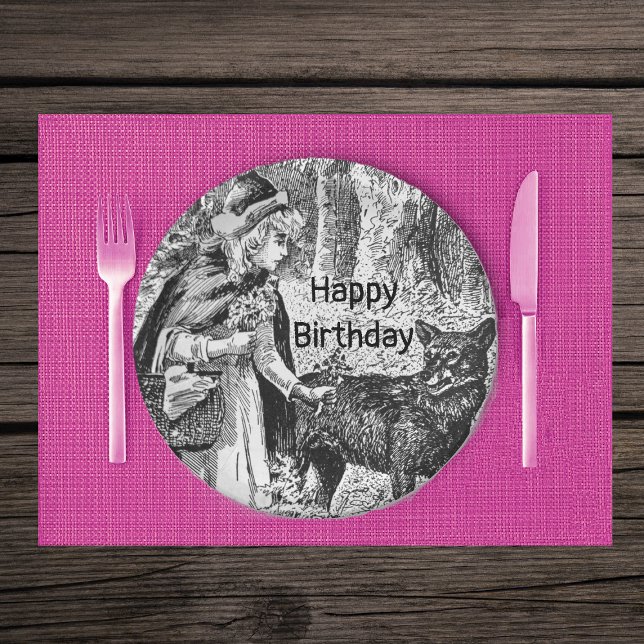 Assiettes En Carton Chapeau rouge Wolf Bois Anniversaire Noir Blanc (Black White Little Red Riding Hood wolf in woods on Birthday paper party plates.)