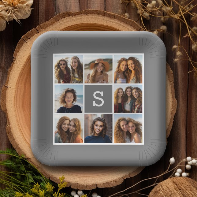 Assiettes En Carton Charbon Blanc 8 Photo Collage Personnalisé Monogra (Personalized party plates with a photo collage and monogram)