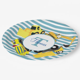 Assiettes En Carton Chariots de construction Bleu rayures Monogramme