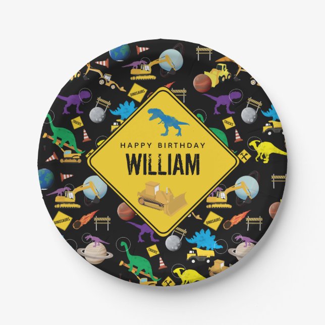 Assiettes En Carton Chariots de construction Dinosaures dans l'espace  (Devant)