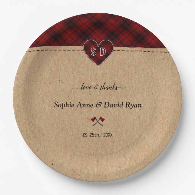 Assiettes En Carton Charme Rustique Rouge Plaid Buffalo Monogramme Mar (Devant)