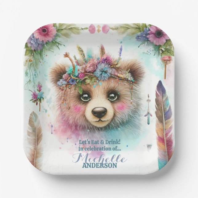 Assiettes En Carton Charming Boho Woodland Bear Aquarelle Anniversaire (Recto)