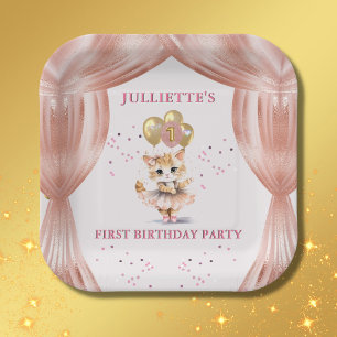Assiettes En Carton Charming Dancing Kitten Photo First Birthday Girl