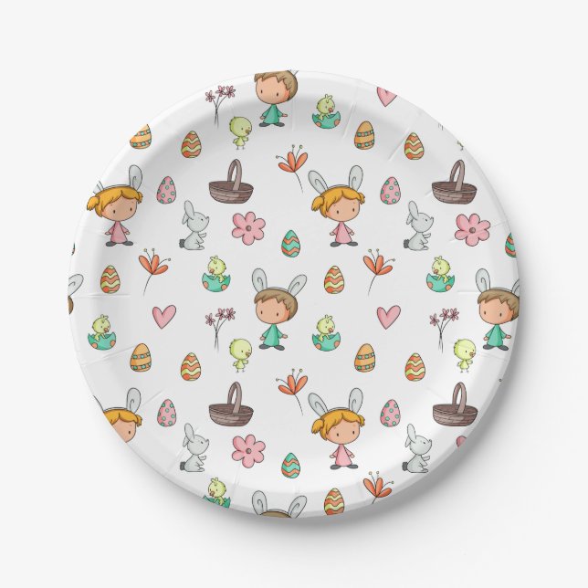 Assiettes En Carton Chasse aux oeufs mignon Fête de Pâques (Devant)