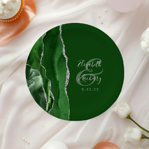 Assiettes En Carton Chasseur de géode d'agate Vert Argent Mariage