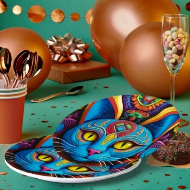 Assiettes En Carton Chat abstrait aux yeux jaunes  ( Paper Plates Durable paper stock FDA compliant food safety. )