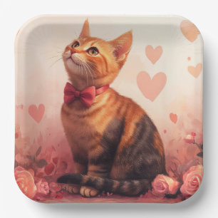 Assiettes En Carton Chat abyssinien avec Rose - Saint Valentin
