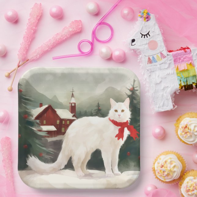 Assiettes En Carton Chat Angora turc en Noël de neige (Fête)