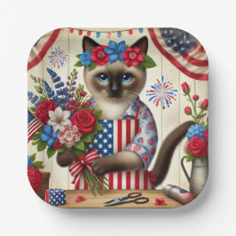 Assiettes En Carton Chat avec fleurs 4 juillet Fête de l'Indépendance