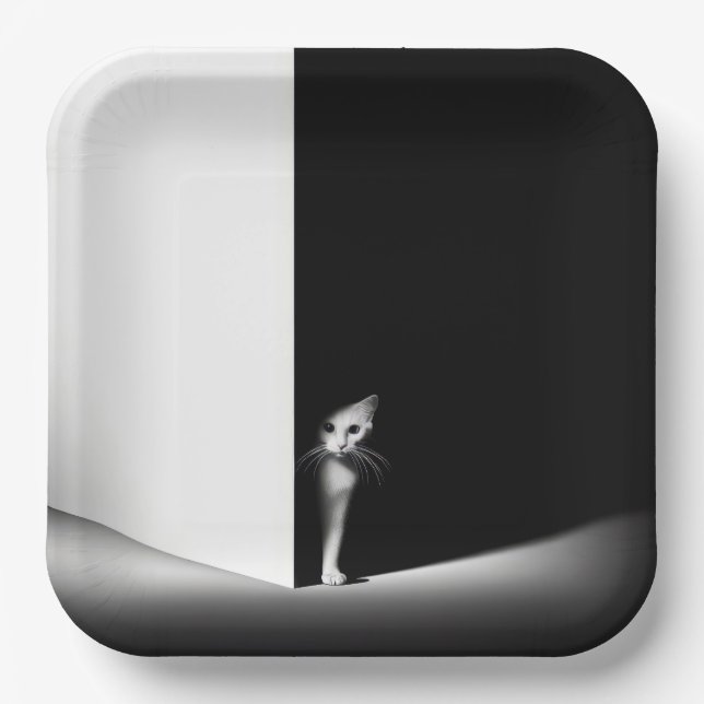 Assiettes En Carton Chat Blanc Dans Les Ombres Noires (Recto)