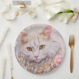 Assiettes En Carton Chat blanc élégant en or et diamants