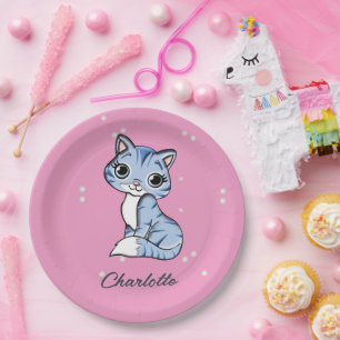 Assiettes En Carton Chat bleu mignon sur nom personnalisé rose