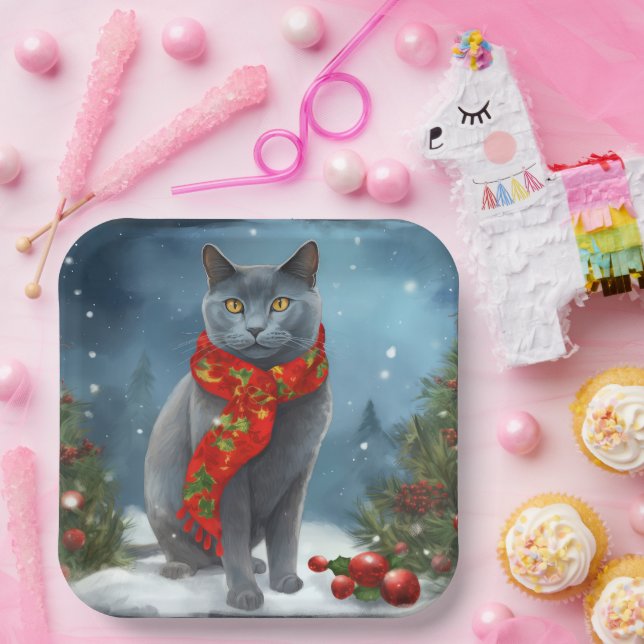 Assiettes En Carton Chat bleu russe à Noël de neige (Fête)