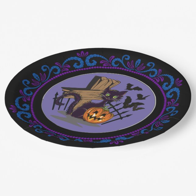 Assiettes En Carton Chat bleu violet noir Chat Tombstone Chats Hallowe (Angle)