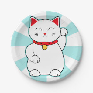 Assiettes En Carton Chat chanceux blanc
