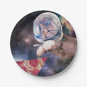 Assiettes En Carton Chat d'astronaute chassant une tranche de pizza
