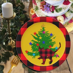 Assiettes En Carton Chat de Noël rustique, arbre et grenaille de buffl