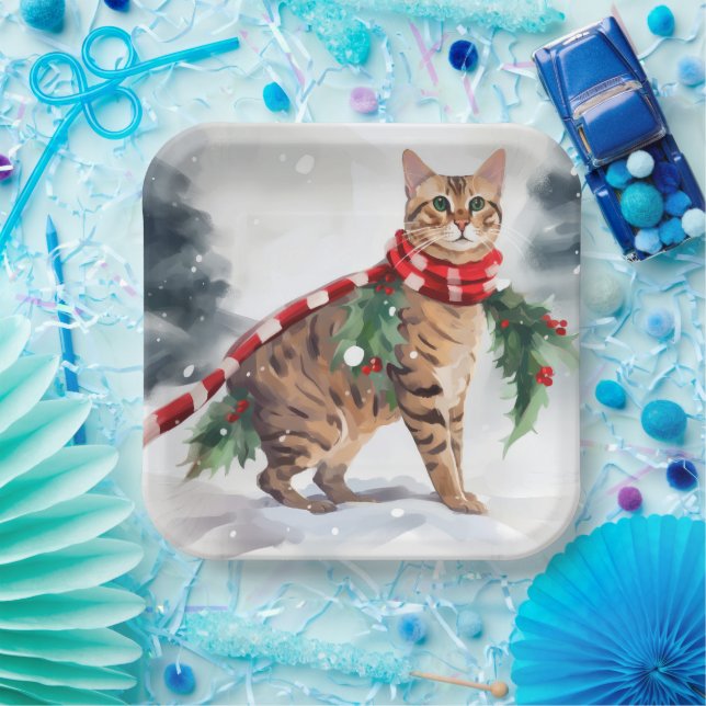 Assiettes En Carton Chat du Bengale à Noël de neige (Fête)