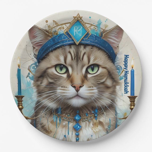 Assiettes En Carton Chat Festif à Hanoukka déguisé Salutation (Devant)
