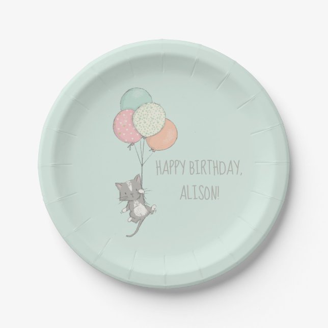 Assiettes En Carton Chat gris sucré avec ballons fête d'anniversaire (Devant)
