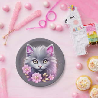Assiettes En Carton Chat Kitty et jolies fleurs roses