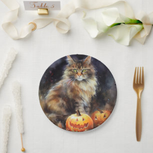 Assiettes En Carton Chat Maine Coon Halloween avec citrouilles effraya